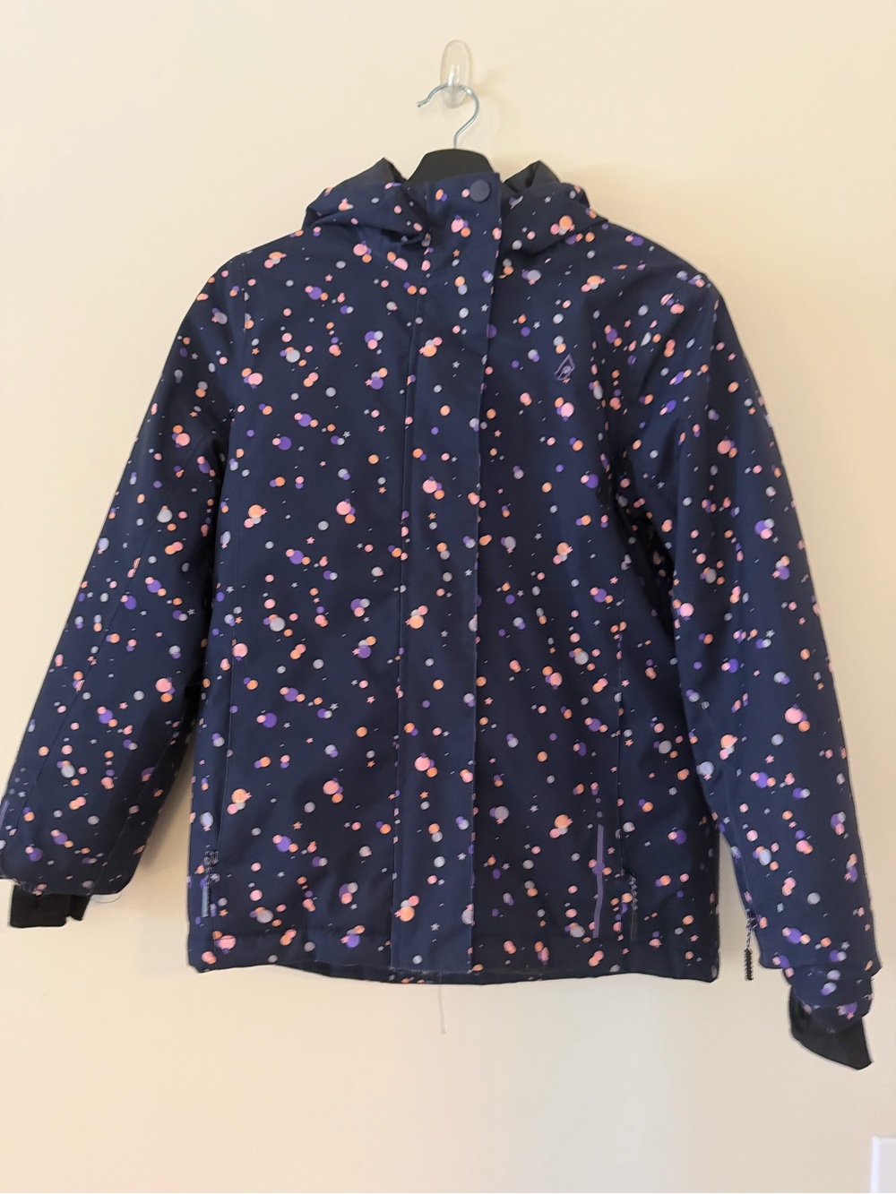 Girls' Navy Hooded Winter Jacket with Pink & Purple Spot/Star Print